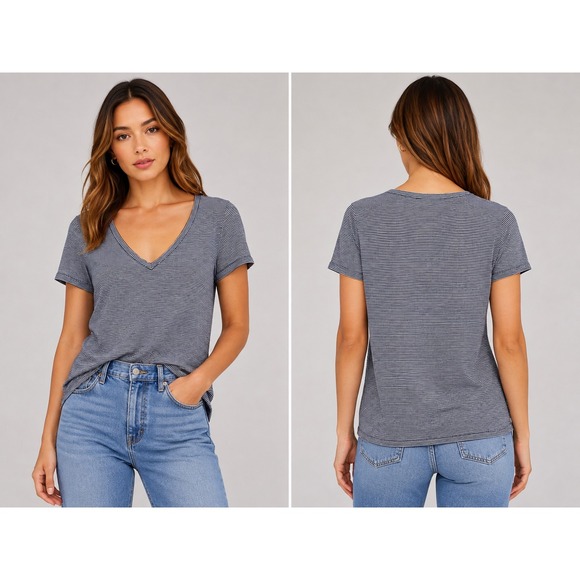 J. Crew Tops - J.Crew Stretch Linen Blend Stripe V-Neck Tee Navy White Women's Medium